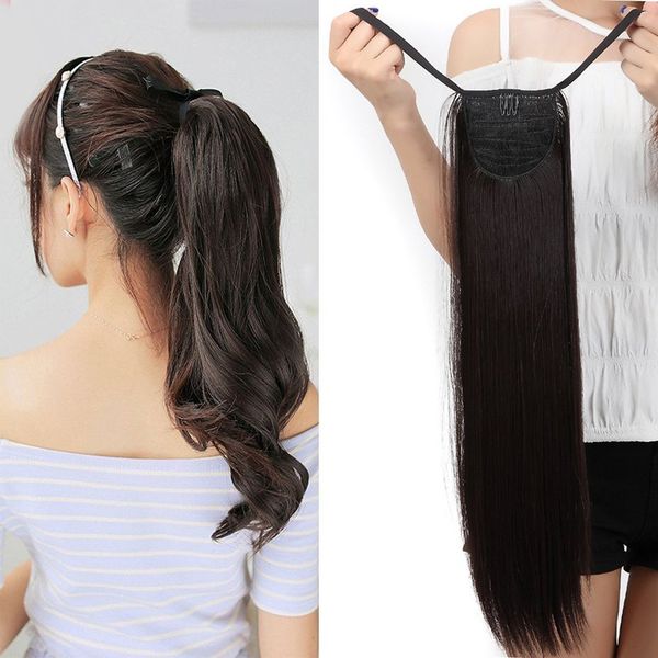 22 Inch Dark Brown Ponytail Tie Up Ponytail Extension Wrap Around Hair Extensions One Piece Clip In Straight Silky Synthetic HairPiece