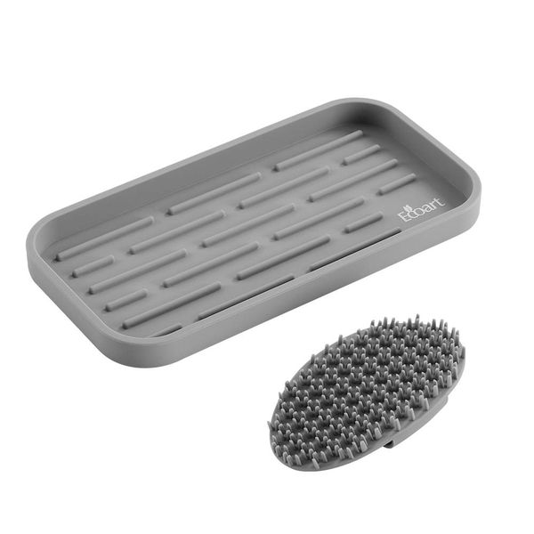 Ecoart Silicone Sponge Holder Tray, Dishwashing Brush Holder, Sponge Caddy, Kitchen Sink Organizer,Bathroom Organizer,with Silicone Cleaning Brush (Gray)