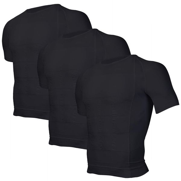 Odoland 3 Pack Men's Body Shaper Slimming Shirt Tummy Vest Thermal Compression Base Layer Slim Muscle Short Sleeve Shapewear, Black/Black/Black, L