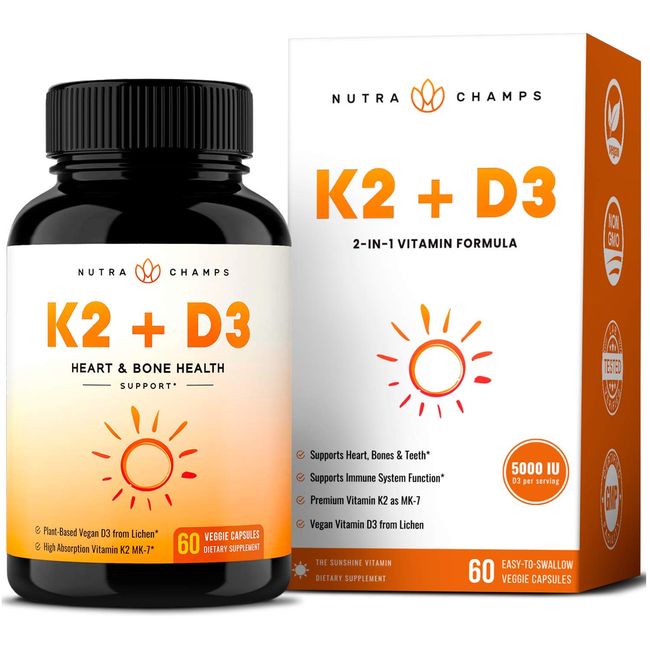 D3 with K2 MK7 Supplement for Heart & Bone Health | Vitamin D & K Complex | 5000 IU of Vitamin D 3 & 100 mcg of Vitamin K 2 MK-7 | 60 Vegan Vitamin K2 D3 Capsules