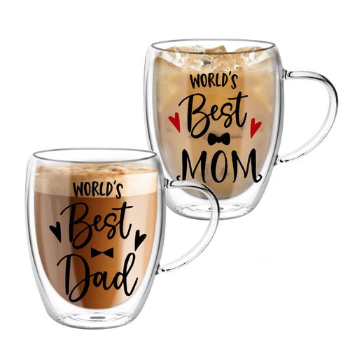 2 Pack Double Walled Coffee Cups for Mom and Dad - 350ml Glass Mugs Set, Glass Tea Cups Gift for Parents, Insulated Latte Glasses with Handles, Heat Resistant Coffee Cup Mum Gifts