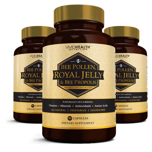 Immune Boosting Royal Jelly Supplement (3 Bottles) with Bee Pollen & Propolis