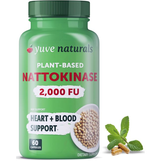 Yuve Nattokinase 2000 FU, Nattokinase Supplement for Cardiovascular Health Support - Natural Blood Thinner - Natokinase Enzyme from Natto Extract, Sugar-Free, Vitamin K Free - 60 Pills, Made in USA