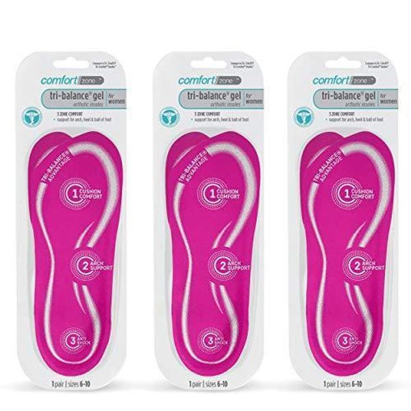 Comfort Zone Tri-Balance Gel Orthotic Insoles for Women, Sizes 6-10, 1 Pair