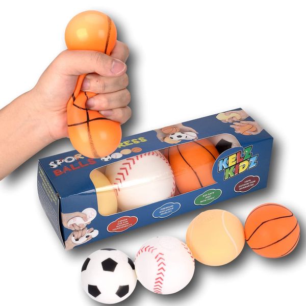 KELZ KIDZ Sports Stress Squishy Balls for Fun and Therapeutic Hand Exercise - Great Sport Lovers Gift Idea and Toy Party Favor! (Sports Stress Balls (4 Pack))