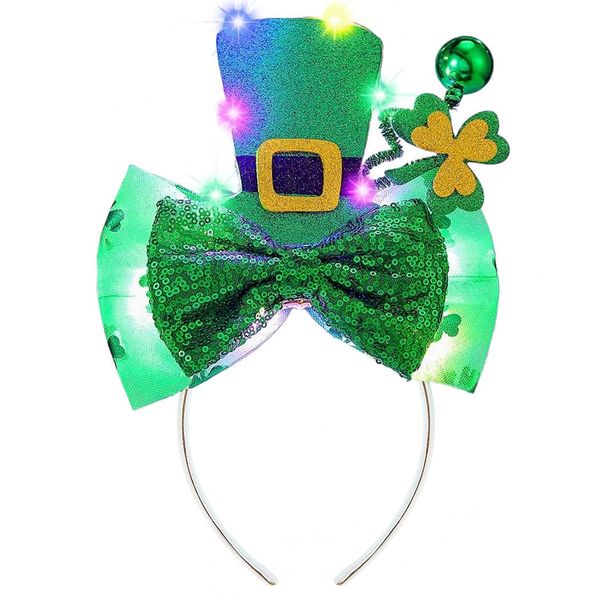 Vatocu St. Patrick's Day Headband Light Up Green Top Hat Costume Headwear Led Shamrock Bow Hair Accessories for Women