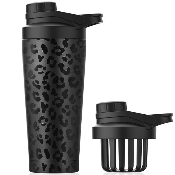 Stainless Steel Shaker Bottle with Noise-Free Design - Patented 24 oz Insulated Metal Shakers Bottles Cup for Protein Mixes and Pre Workout 100% Leak Proof (Black Leopard)