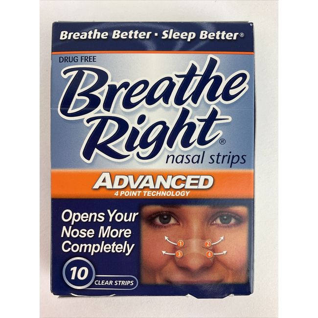 BREATHE RIGHT ADVANCED (10) Clear Nasal Strips Adult Size Nose Band Stop Snoring