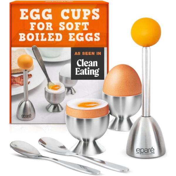 Eparé Egg Cups For Soft Boiled Eggs with Spoons - Egg & Cracker Tool Set - Stainless Steel Egg Opener Topper & Cutter - Hard Boiled Egg Holder Tool