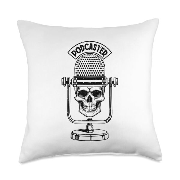 Podcaster Gothic Voice Podcast Microphone Skull True Crime Throw Pillow