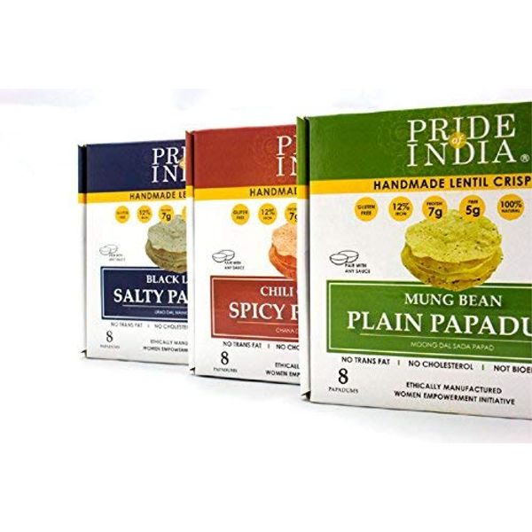 Pride Of India - Assorted Papadum Lentil Crisps - Plain, Salty & Spicy - Pack of 6 (2 Boxes per Flavor) - 6 * 3.53oz (100gm) per 10 Count Box - Party Perfect, Lentil Chips, Gluten-Free, Healthy Snack