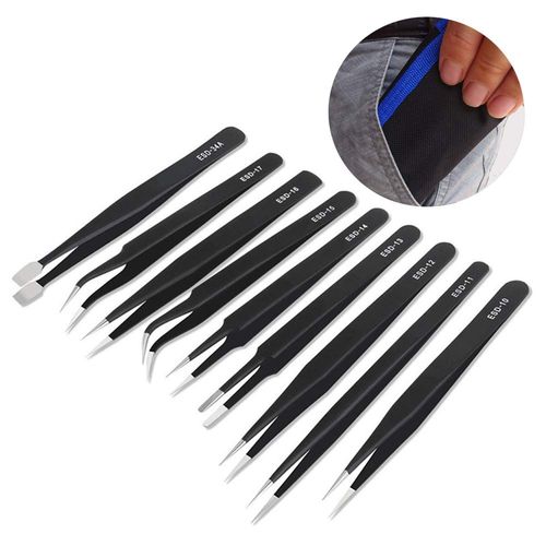 9-Piece ESD Tweezers Kit & 1pc Micro Wire Cutter, Precision Anti-Static Curved Point Tweezers Tool Set for Modelling,Electronics Repair,Crafting,Laboratory,Jewelry-Making