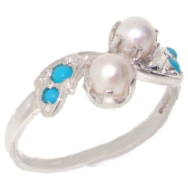 Solid Sterling Silver Natural Turquoise & Pearl Ladies Band Ring - Size Z