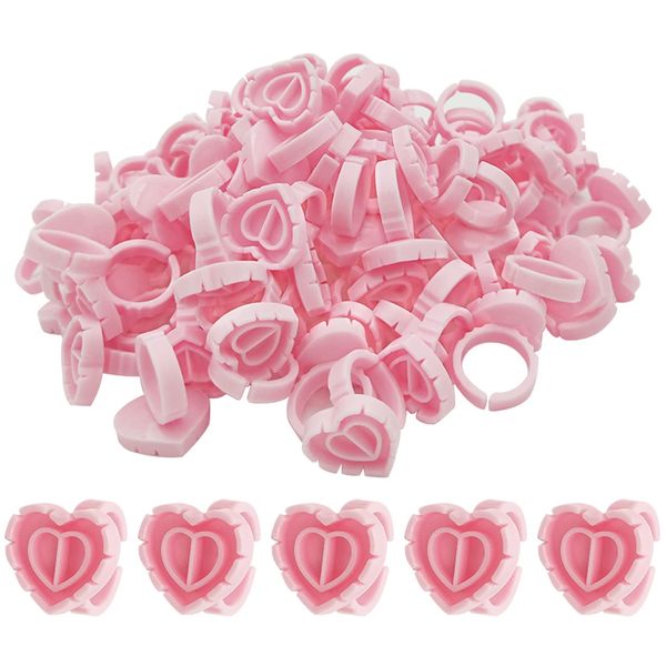 100Pcs Eyelash Glue Holder, Disposable Glue Rings Plastic Glue Rings Pink Lashes Glue Ring Cup Heart-Shaped Lash Glue Rings Volume for Eyelash Extensions…