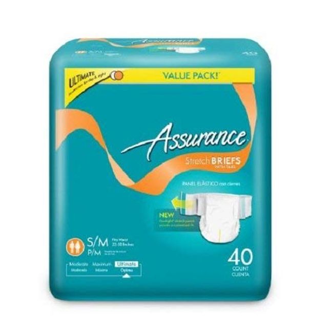 Assurance Stretch Briefs with Tabs, Ultimate Absorbency, Small/Medium, 40  count (UNISEX)
