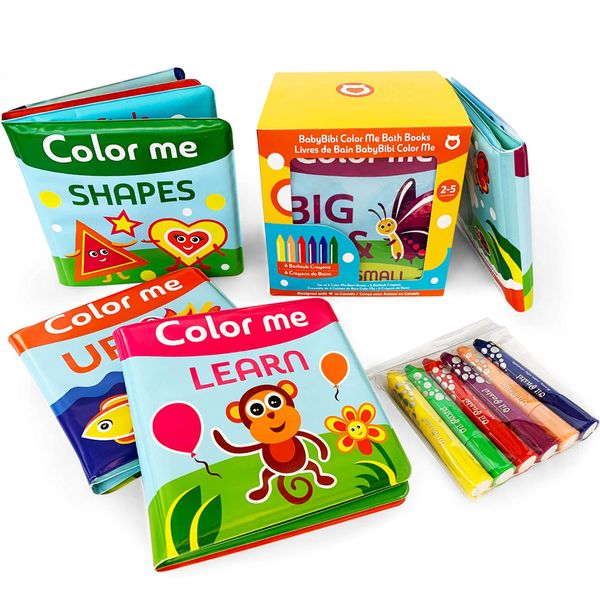 BabyBibi Color Me Bath Books Plus Crayons – Set of 4 Different Books – Includes 6 Washable Bath Crayons – Learn and Play Including Opposites and Shapes – Suitable for 2+