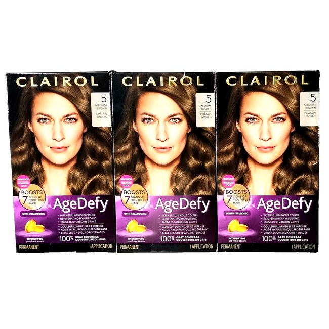 3 Pack Clairol 5 Intense Luminous Medium Brown Age Defy Permanent Hair Color