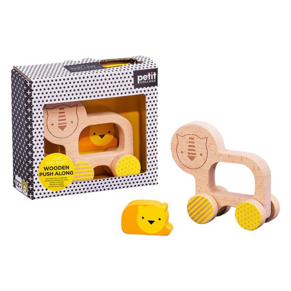 Petit Collage Lion and Baby Wooden Push Toy – Cute Wooden Rolling Toy Ideal for Ages 12 Months and Older – Active Toy Encourages Movement, Makes a Great Gift