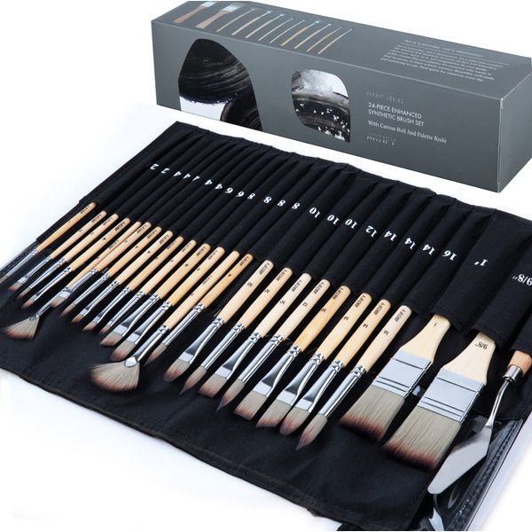 ARTIFY Painting Brush Set Oil Painting Watercolor Painting Brush Acrylic Gouache Watercolor Brush Oil Painting Brush Set of 24 Expert Series with Cloth Roll Case and Palette Knife, Brush Set, Birch