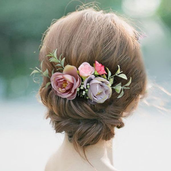 Fangsen Boho Silver Wedding Flower Comb Festival Headpiecer Floral Headpiece for Brides Pink+Purple (#1)