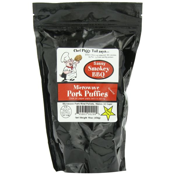 Chef Piggy Tail Microwave Pork Puffies Pork Rinds, Smokey BBQ, 16 Ounce