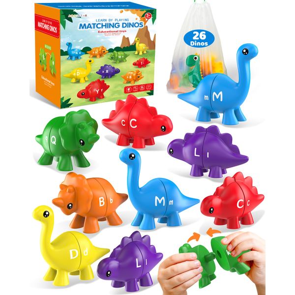 26PCS Dinosaur Alphabet Learning Toys for Toddlers 2-4, Montessori Educational Toys Gifts for 2 3 4 Year Old Boy Girl, Preschool Learning Activities Toys for Kids 3-5, Double Sided ABC Matching Game