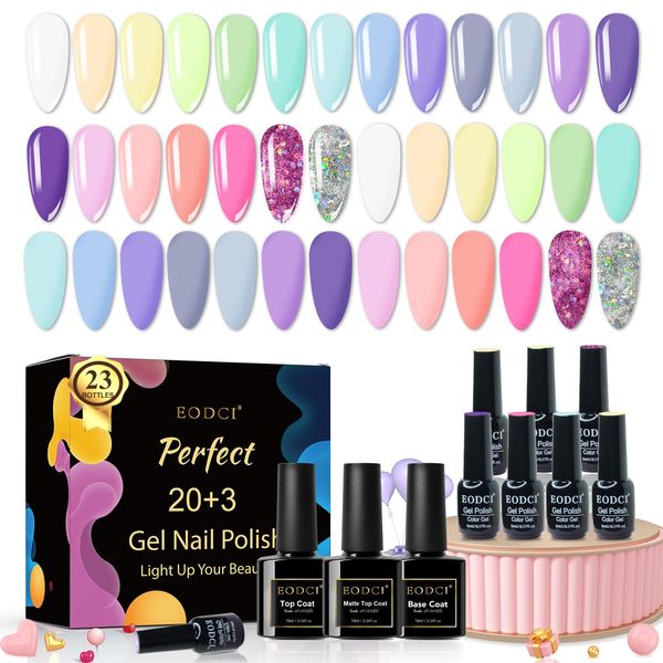 eodci 20 Color Gel Nail Polish Kit with 3Pcs Glossy & Matte Top Coat and Base Coat, Jelly Spring Summer Girly Colors Bright Sparkle Glitters Colorful Gel Polish Set Manicure Kit