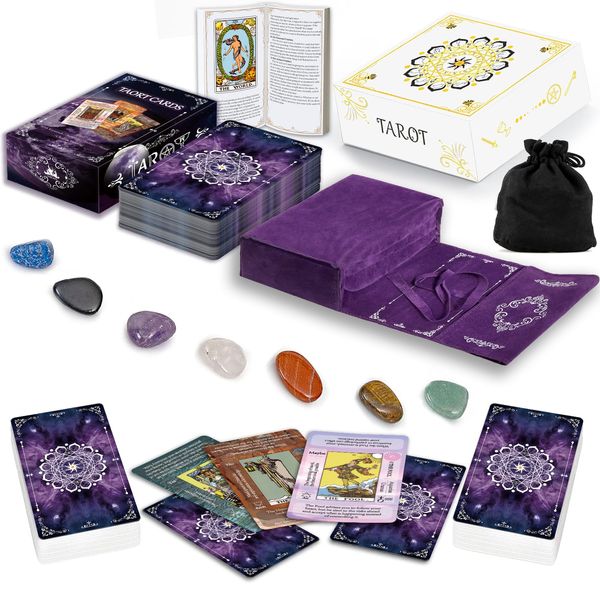 IXIGER Tarot Cards Set with Guide Book,Tarot Cards for Beginners,Tarot Cards Deck with Meanings on Them,Learning Tarot Deck Fortune Telling Game with Velvet Tarot Bag and Chakra Stone