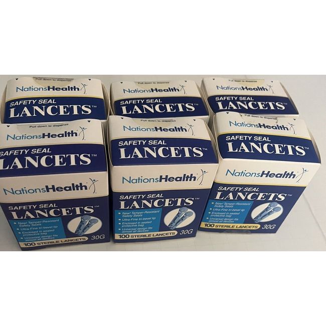 Nations Health 30 Gauge Universal Diabetic Lancets  Lot of 6, 100 Ct.