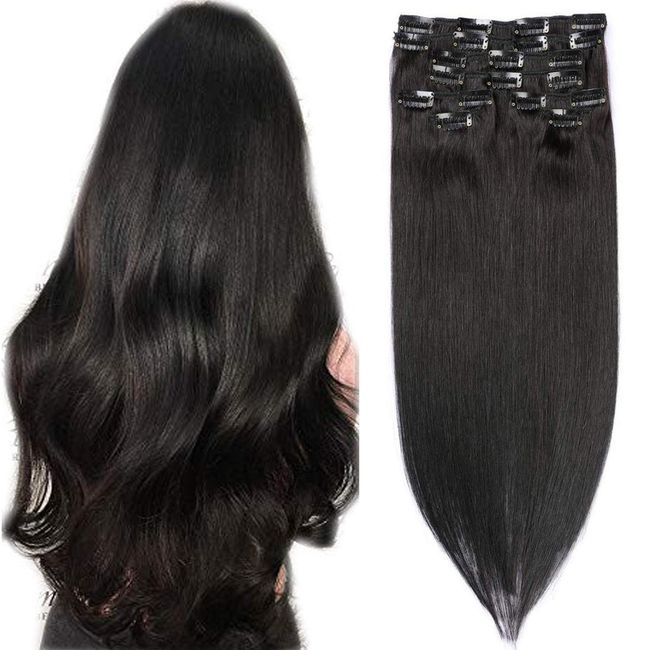 Clip in Hair Extensions Natural Black Clip in Real Human Hair Extensions Full Head 8Pcs140g Straight Double Weft Remy Seamless Clip on Extensions(16 Inch,1B)