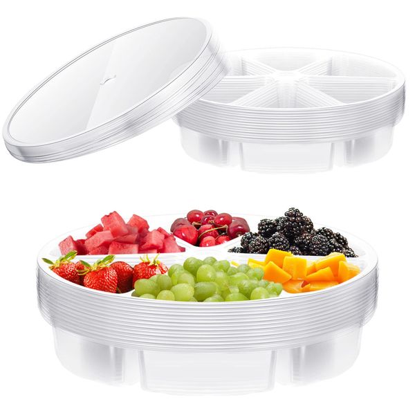 Baderke 10 Pack 10 Inches Round Plastic Serving Tray 6 Sectional Plastic Appetizer Tray with Lid Clear Food Platters Round Platter Container Veggie Fruit Organizer for Party and Buffet (Clear)