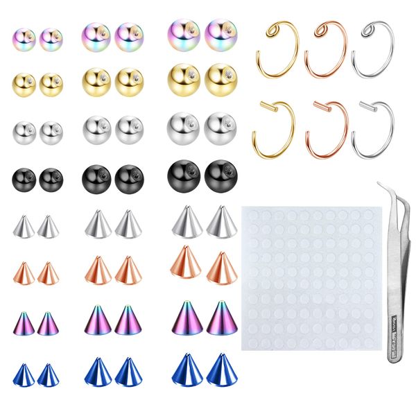 TEN MIRO Fake Eyebrow Ring Fake Lip Labret Studs Replacement Balls Spike with 100Pcs Sticker Non-Piercing Nose Rings Hoop Body Jewelry Fake Skin Piercing 3MM 4MM 5MM(Rainbow)