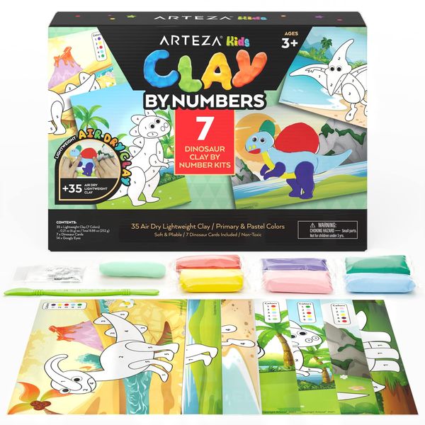 Arteza Kids Air Dry Clay, 35 Bars, Dinosaur Modeling Clay by Numbers Kit, Craft Supplies for Learning Centers and Educational Playtime