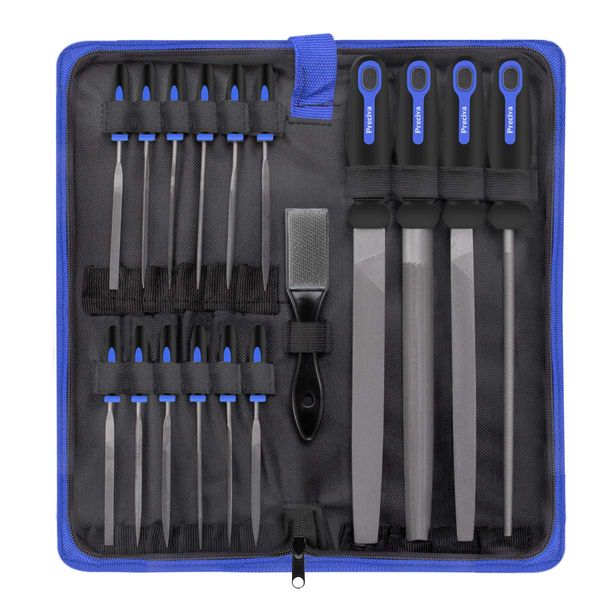 Preciva 18PCS File Set, 18 in1 High Carbon Steel Multipurpose File Set Includes 4PCS Flat/Triangle/Half-Round/Round Large File & 12PCS Needle File & Brush & Portable Bag.