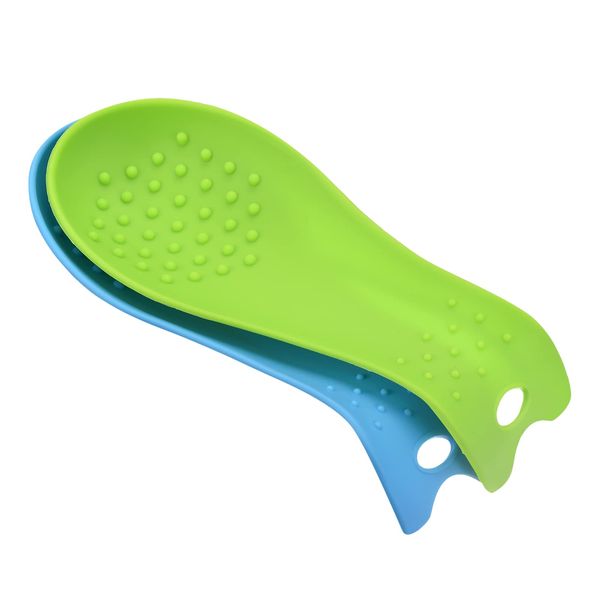 sourcing map Silicone Spoon Rest, 9.25" x 3.86" Heat Resistant Kitchen Utensil Holder Spatula Ladle Rest for Counter Stove Top, Blue/Green 1Set