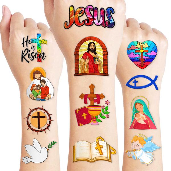 Religious Temporary Tattoos Christian Faith Jesus Bible Cross He is Risen Spring Easter Themed Stickers for Kids Party Supplies Decorations Favors and Prizes Cute Gifts for Boys and Girls Ideal School