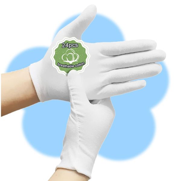 24Pcs Moisturizing Cotton Gloves Sleeping Cotton Gloves Eczema for Dry Hands Work Gloves for Men and Women Stretchable Reusable Cloth Gloves for Spa Lotion Coin Jewelry Silver Inspection(M)