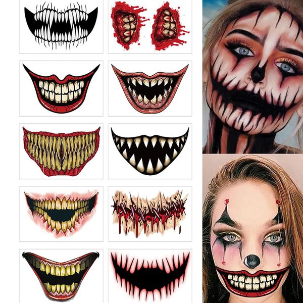 Halloween Temporary Horror Scary Mouth Tattoo Stickers Prank Props Makeup Costume Accessories Face Kit Men or Women Adults Kids Cosplay Party Masquerade