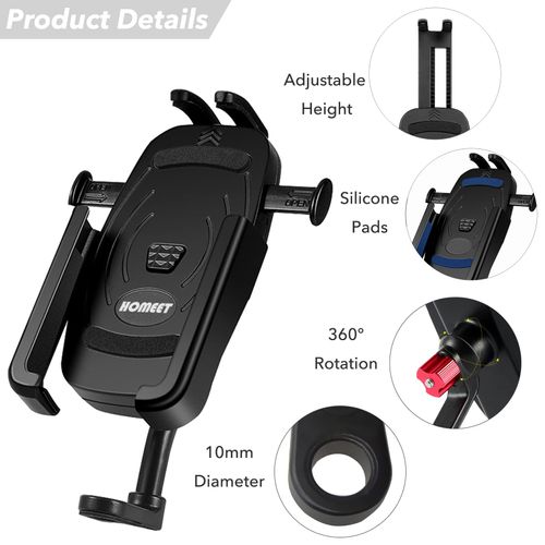 Homeet Motorcycle Phone Mount, Aluminum Alloy Scooter Cellphone Holder Moped Rearview Mirror Smartphone Universal Mount for 4.0''-7.0'' Smart Devices, 10mm Diameter, 360° Rotation, Quick Release