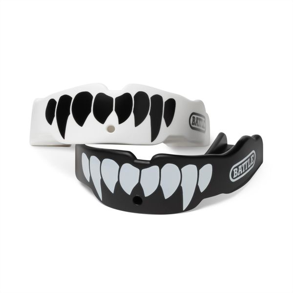 Battle Fangs Football Mouthguard – Sports Mouth Guard with Removable Strap – Protector Mouthpiece Fits With or Without Braces on Teeth – Adult & Youth Mouth Guard Sizes, 2 Pack, Adult (Age 10 & Up), Black/White