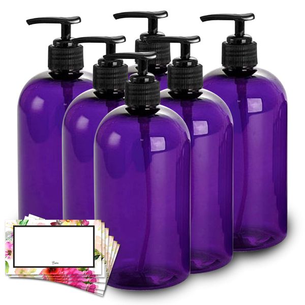 Baire Bottles - 16 oz Empty Refillable Plastic Bottles Black Pumps - For Soap Dispenser, Sanitizer, Shower Products, Lotion, Homeopathy, Travel - 6 Pack with Waterproof Labels, PET - BPA Free (Purple with Black Pump, Floral Labels)