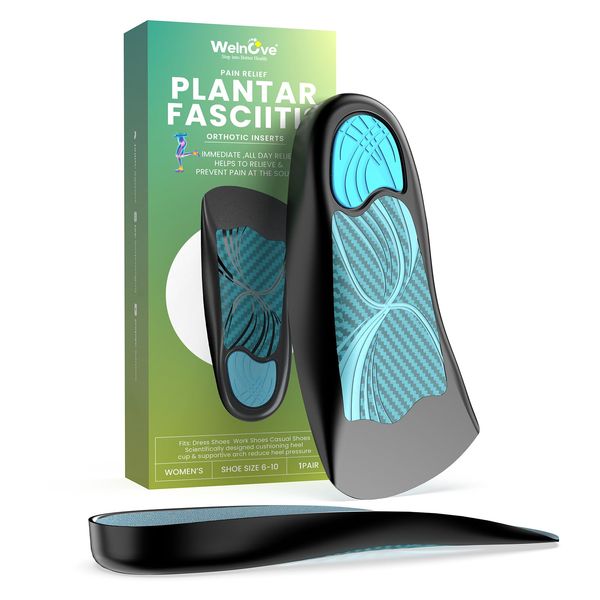 Welnove Plantar Fasciitis Relief Insoles - 3/4 Anti-Slip & Arch Support Inserts - Plantar Fasciitis Insoles - Heel Cups Orthotic Cushions - Women's 3.5-7.5，Men’s 5-7