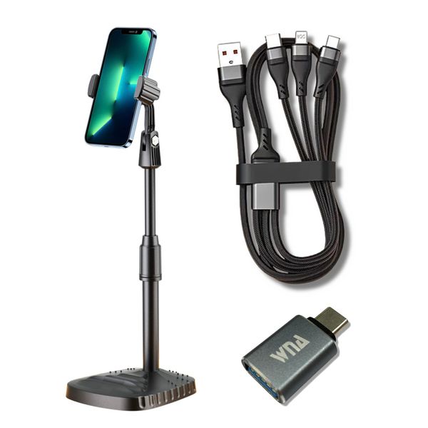 Smart Phone and Tablet Stand with 3 in 1 USB Charging Cable and USB C Adaptor Set Bundle