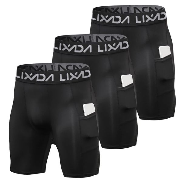 Lixada Men's 3 Pack Performance Shorts Active Workout Underwear Base Layer Tights Short Leggings (All Black(With Pockets), L)