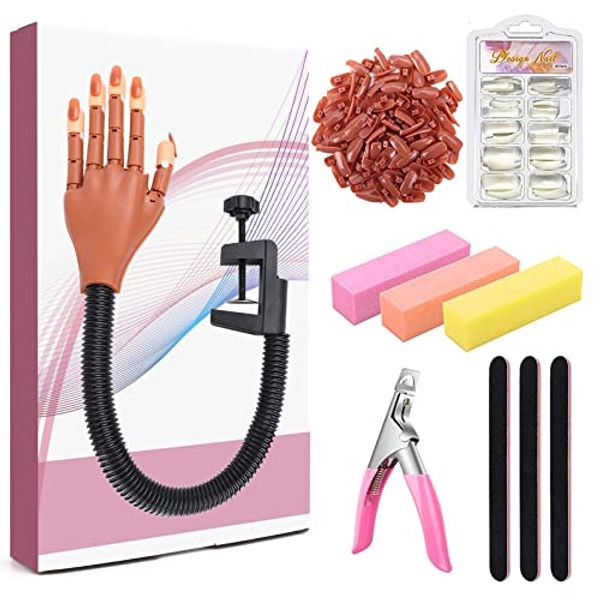 Practice Hand for Acrylic Nails, Adjustable Fake Mannequin Hands for Nails Practice, Flexible Movable Nail Tools Kits Practice Hand with Nail File, Clipper and 100pcs Coffin Nail Tips