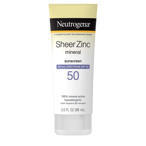 Neutrogena Sheer Zinc Oxide Dry-Touch Sunscreen Lotion with Broad Spectrum SPF 50, Water-Resistant, Hypoallergenic & Non-Greasy Mineral Sunscreen, 3 fl. oz