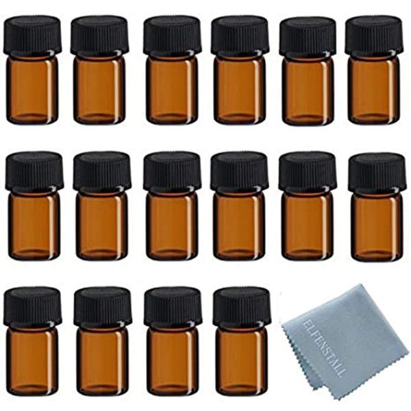 ELFENSTALL 50Pcs 2ml Oil Bottles for Essential Oils (5/8 Dram) Amber Glass Vials Bottles, with Orifice Reducers and Black Caps