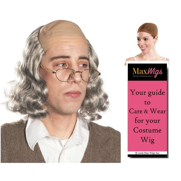 Ben Franklin Color Mixed Grey - Enigma Wigs Bald Cap Founding Father Inventor Bundle w/Cap, MaxWigs Costume Wig Care Guide