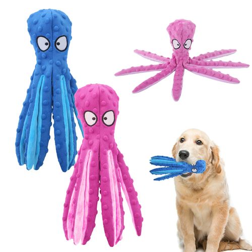 Squeaky Dog Toys, 2 Pieces Octopus Toy for Pets Cotton No Stuffing Chew Toy for Dogs (Blue+Purple)
