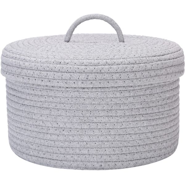 Sea Team Cotton Rope Basket, Storage Basket, Storage Box, Basket, Laundry Hamper, With Lid, Foldable, Natural, Cotton Rope, Small Items, Stocking Pants, Storage, Decorative, Stylish, Cute (Round, Gray, 11.8 x 11.8 x 6.7 inches (30 x 30 x 17 cm)